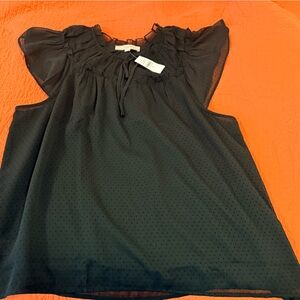 LOFT Black Sheer Top with Ruffle Detail